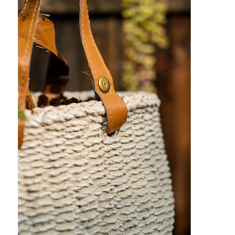 Straw Bag with Faux Leather Handles Cement Planter