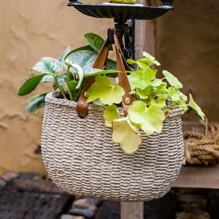 Straw Bag with Faux Leather Handles Cement Planter