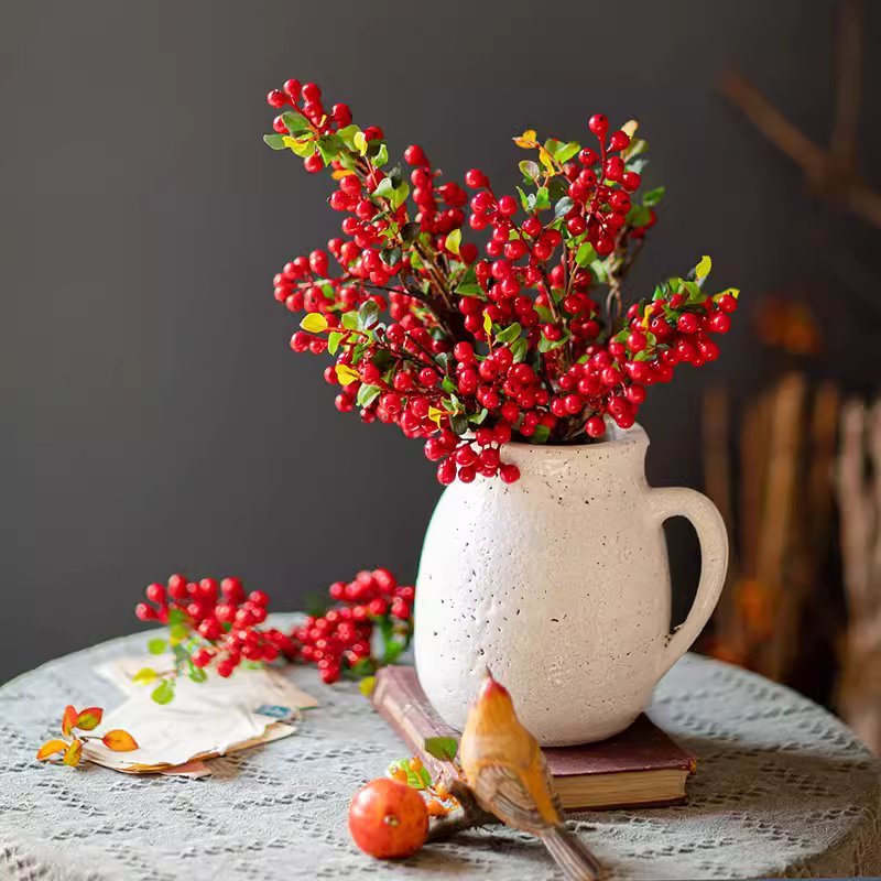 Artificial Fruit Berry Stem in Red 17" Tall Silk Plant - RusticReach
