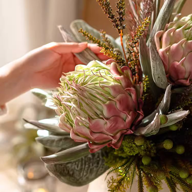 Morning Mist Faux Flower Bouquet with King Protea and Reed Flowers