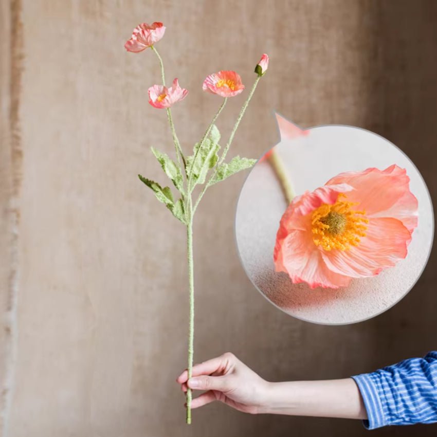 Faux Silk Silk Common Poppy Flower Stem in Pink or White 22" Tall - RusticReach