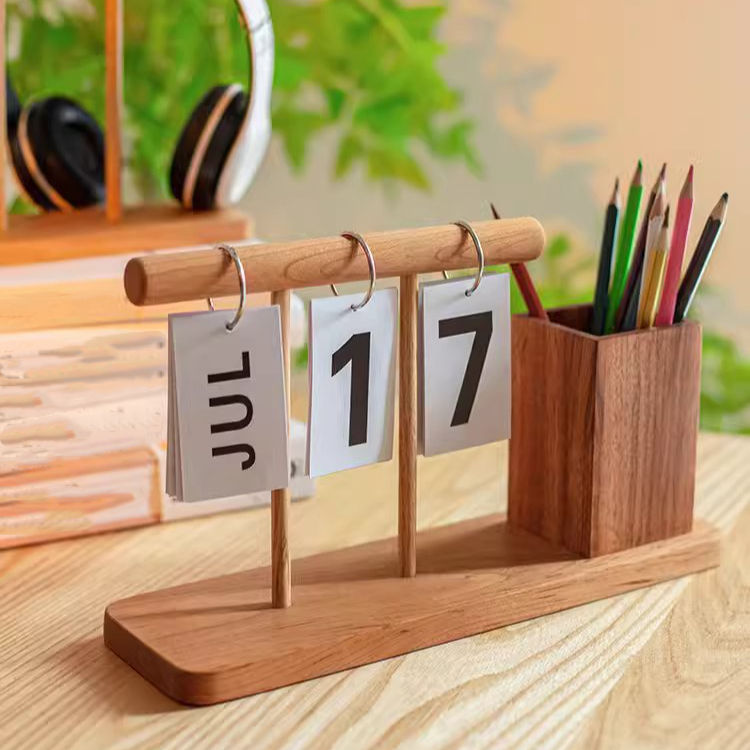 Wooden Desktop Calendar with Pen Holder