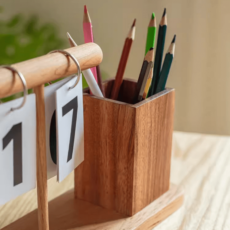 Wooden Desktop Calendar with Pen Holder - RusticReach