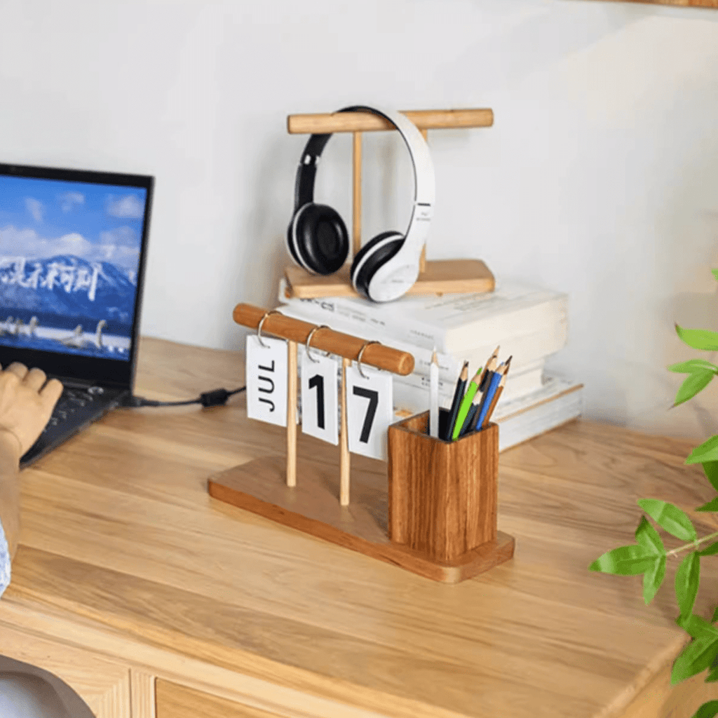 Wooden Desktop Calendar with Pen Holder - RusticReach