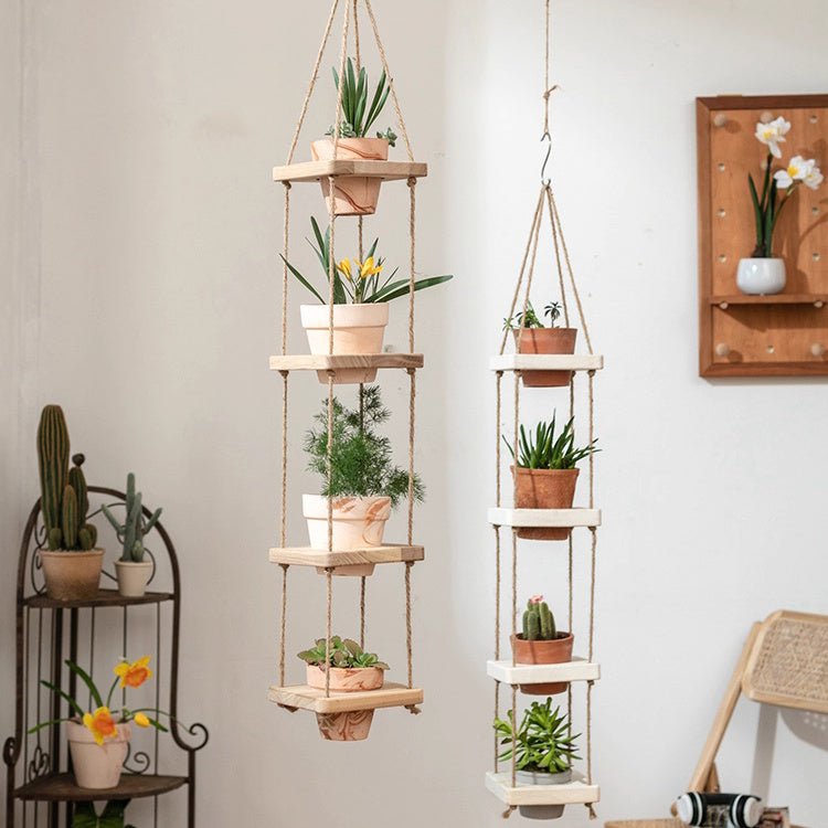 Wooden Rope Hanging Plant Shelf - RusticReach
