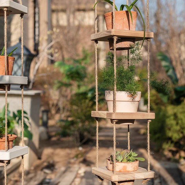 Wooden Rope Hanging Plant Shelf - RusticReach