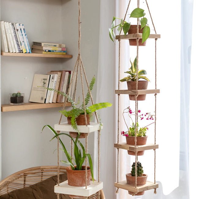 Wooden Rope Hanging Plant Shelf - RusticReach