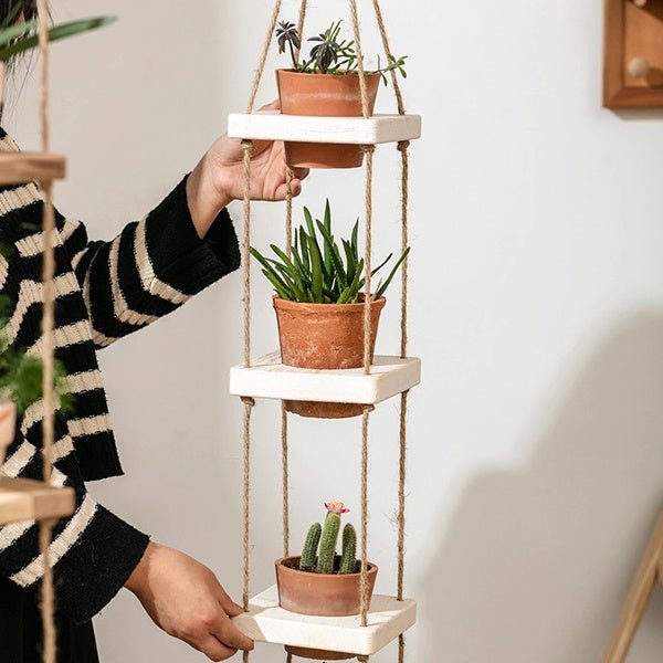 Wooden Rope Hanging Plant Shelf - RusticReach