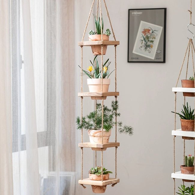 Wooden Rope Hanging Plant Shelf - RusticReach