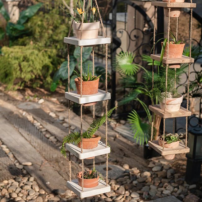 Wooden Rope Hanging Plant Shelf - RusticReach