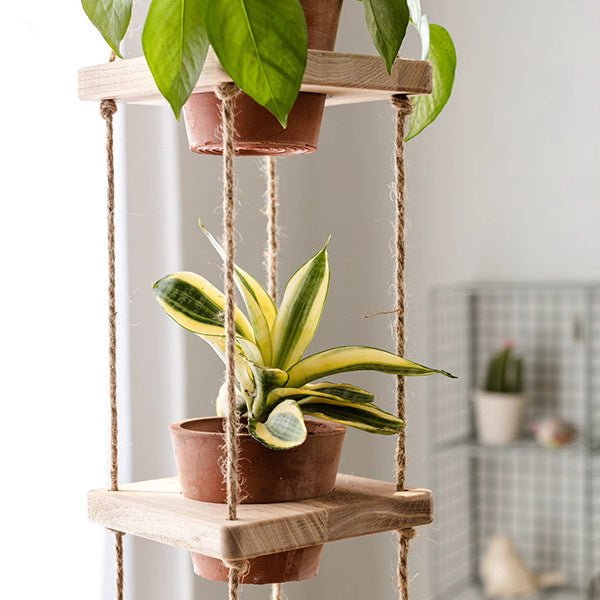 Wooden Rope Hanging Plant Shelf - RusticReach