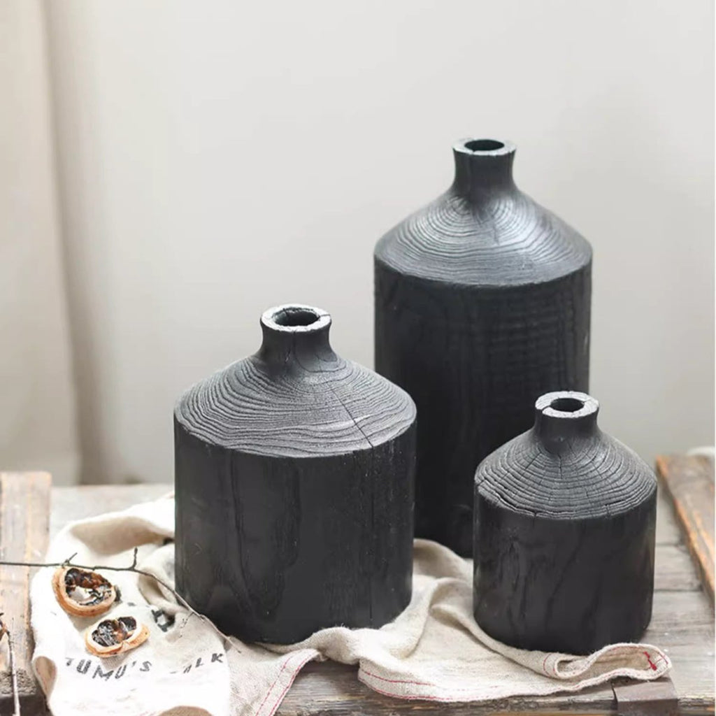 Black Wooden Vase Narrow Neck Decorative Bottle - RusticReach