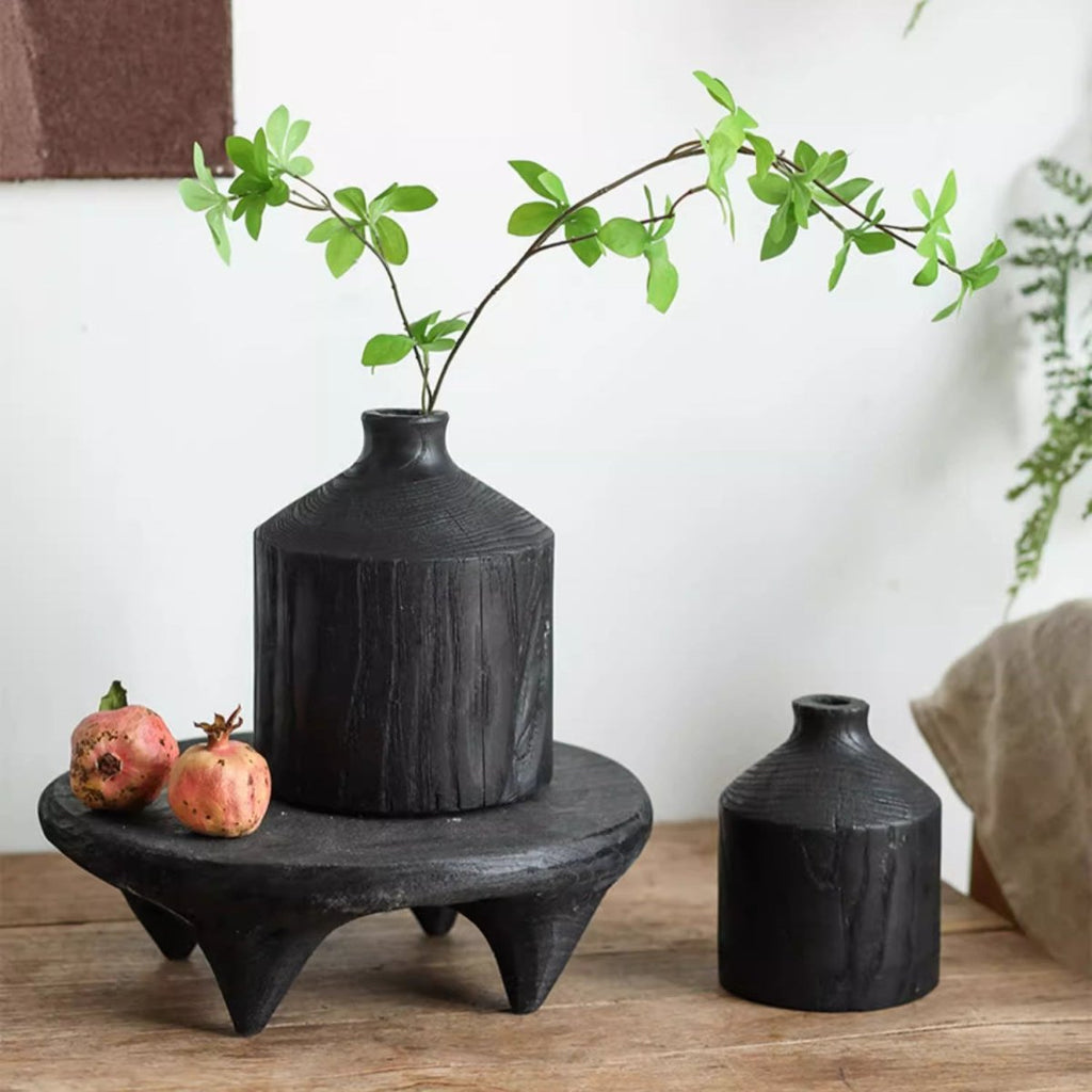 Black Wooden Vase Narrow Neck Decorative Bottle - RusticReach