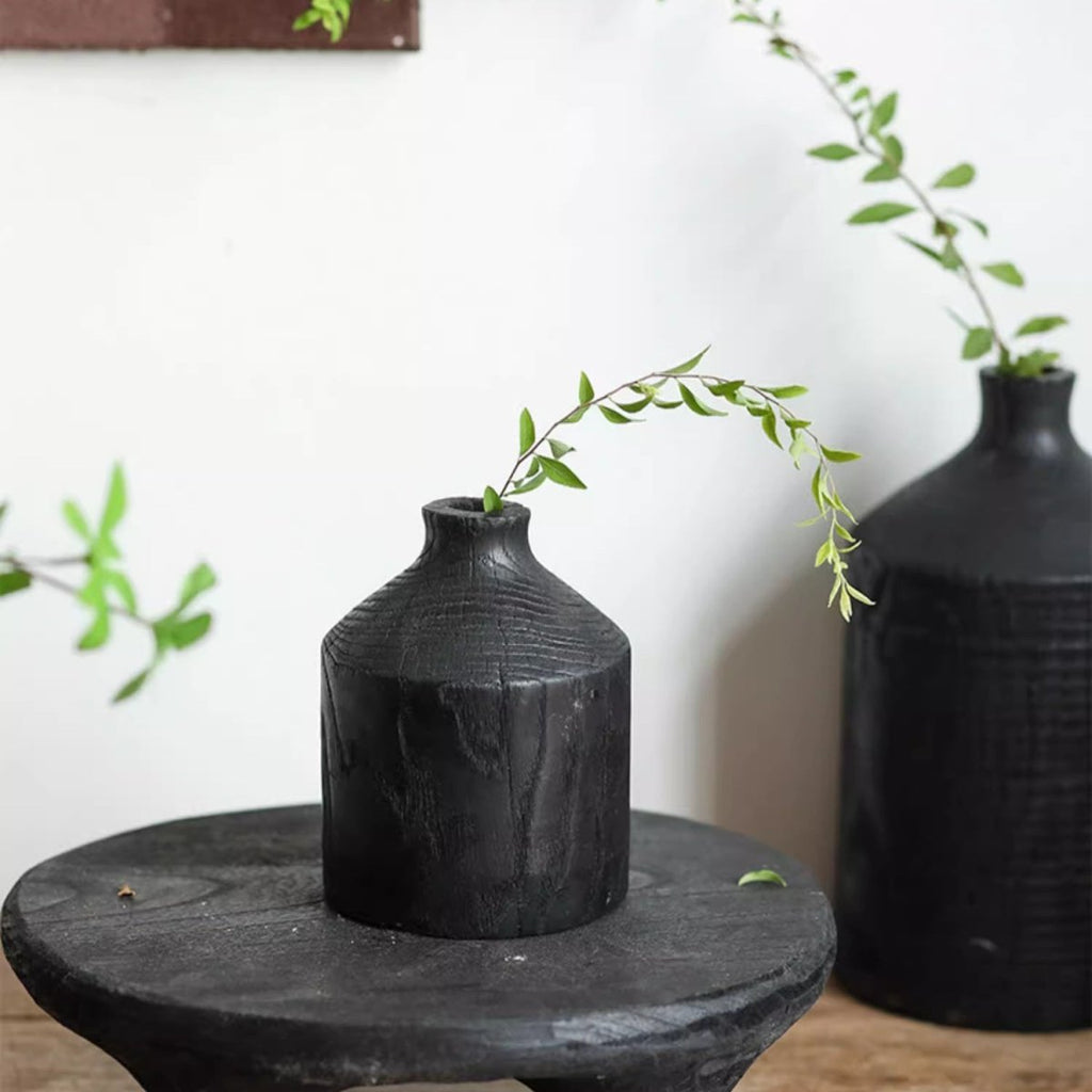 Black Wooden Vase Narrow Neck Decorative Bottle - RusticReach