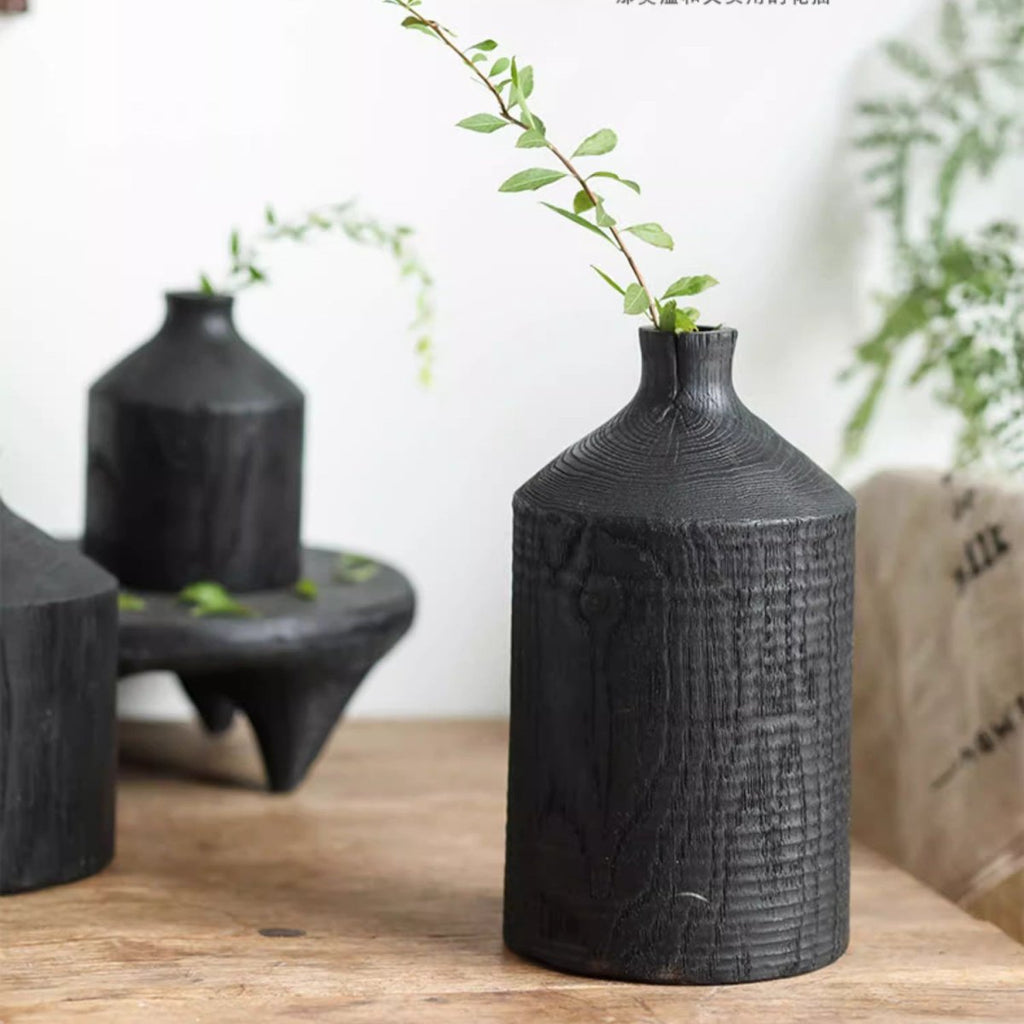 Black Wooden Vase Narrow Neck Decorative Bottle - RusticReach