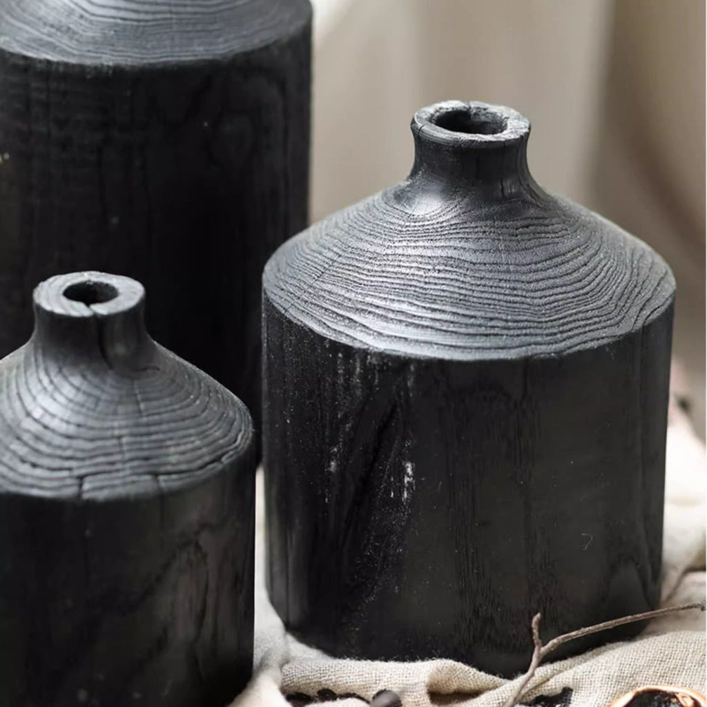 Black Wooden Vase Narrow Neck Decorative Bottle - RusticReach
