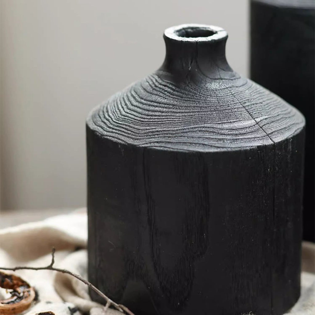 Black Wooden Vase Narrow Neck Decorative Bottle - RusticReach