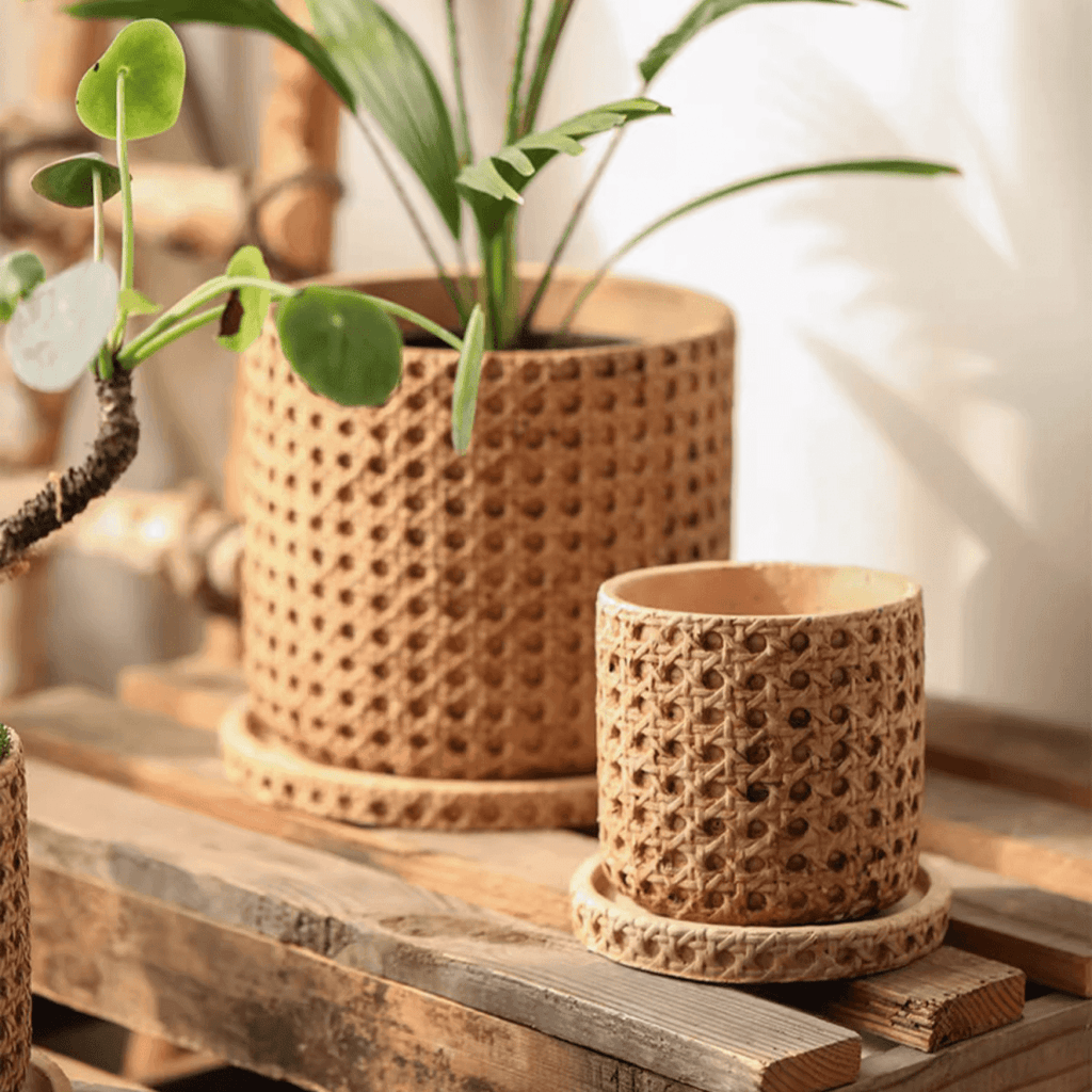 Faux Woven Grid Cement Pot - RusticReach