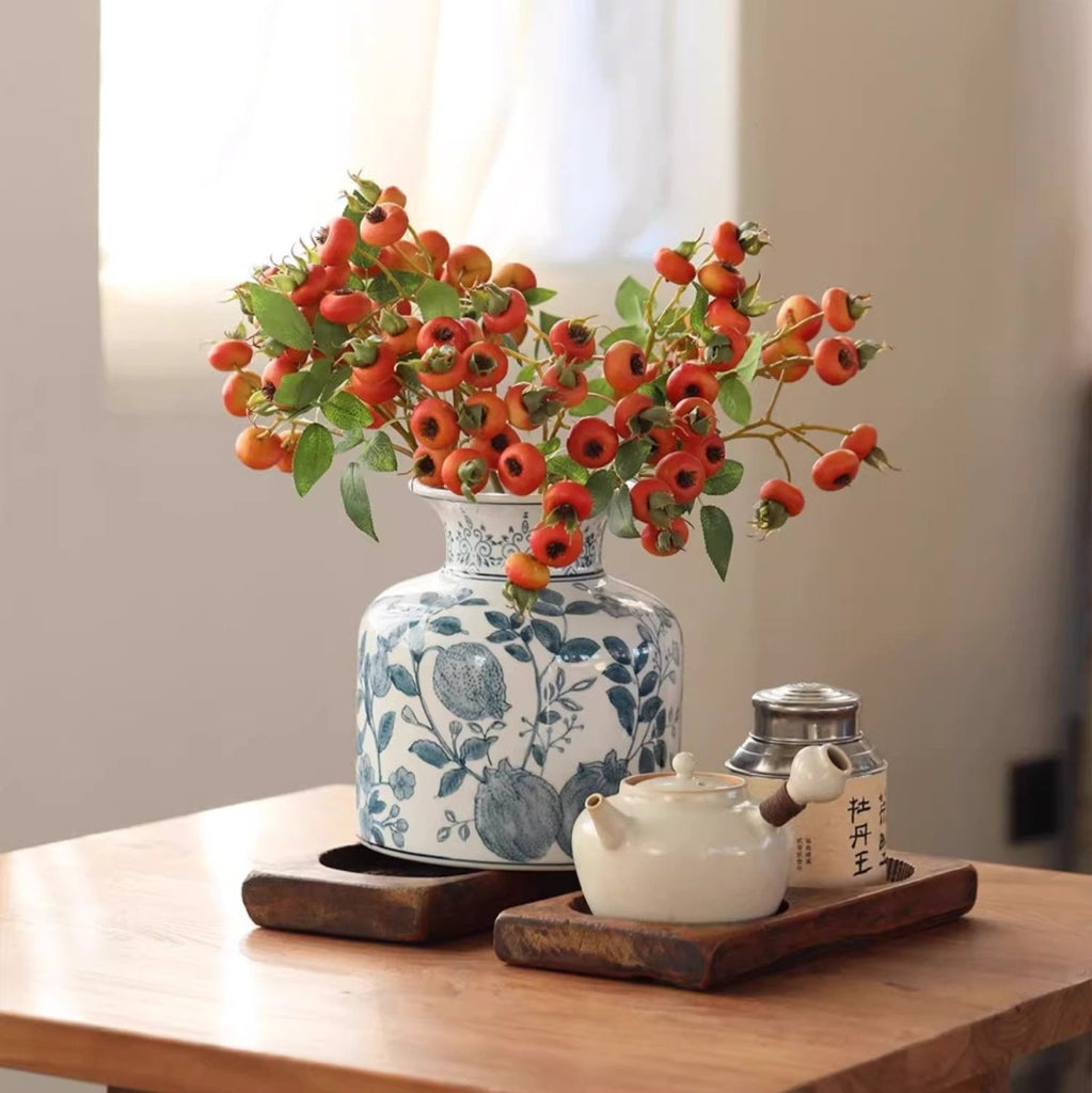 Pomegranate Hand - Painted Blue and White Porcelain Vase - RusticReach