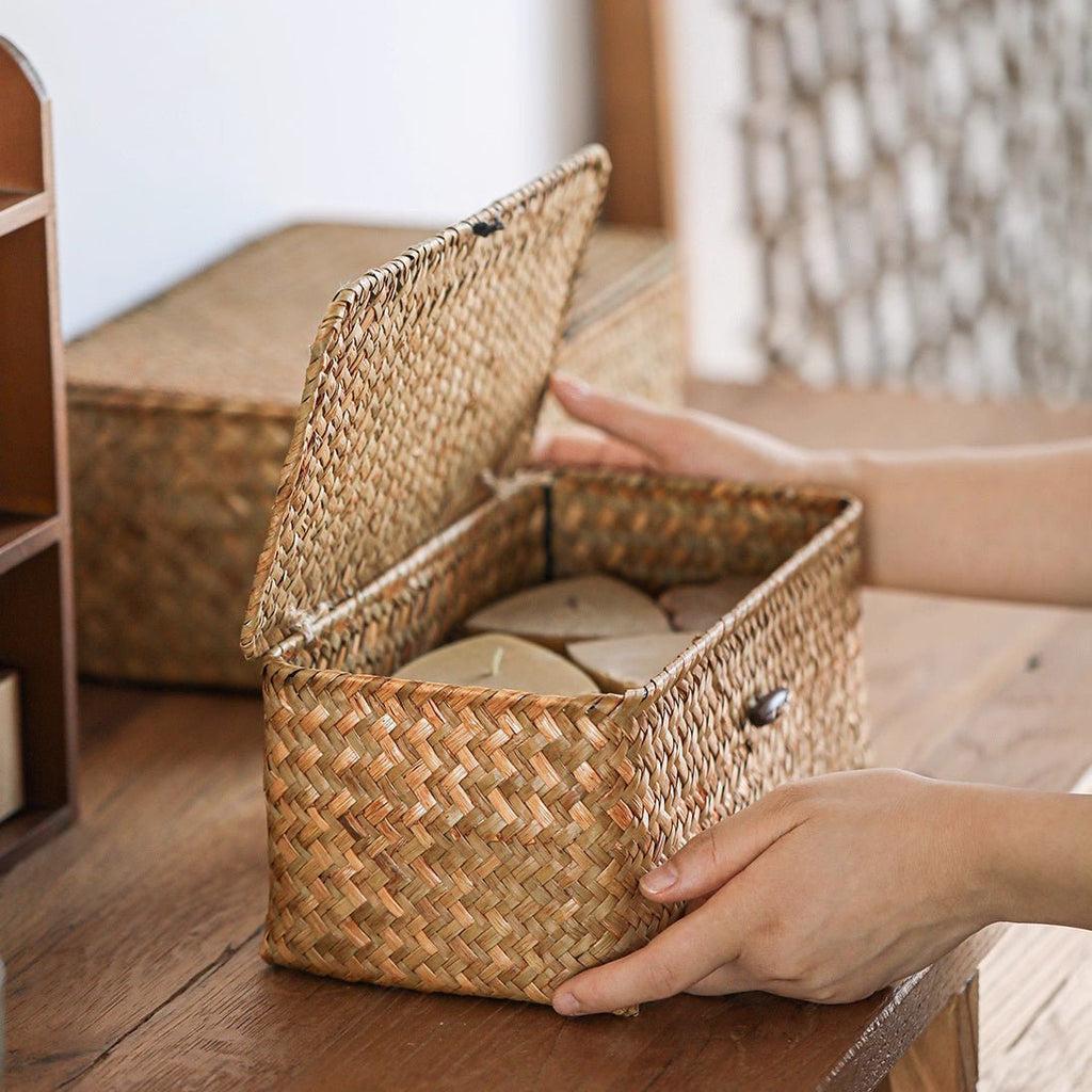Rectangular Natural Straw Storage Basket with Lid - RusticReach