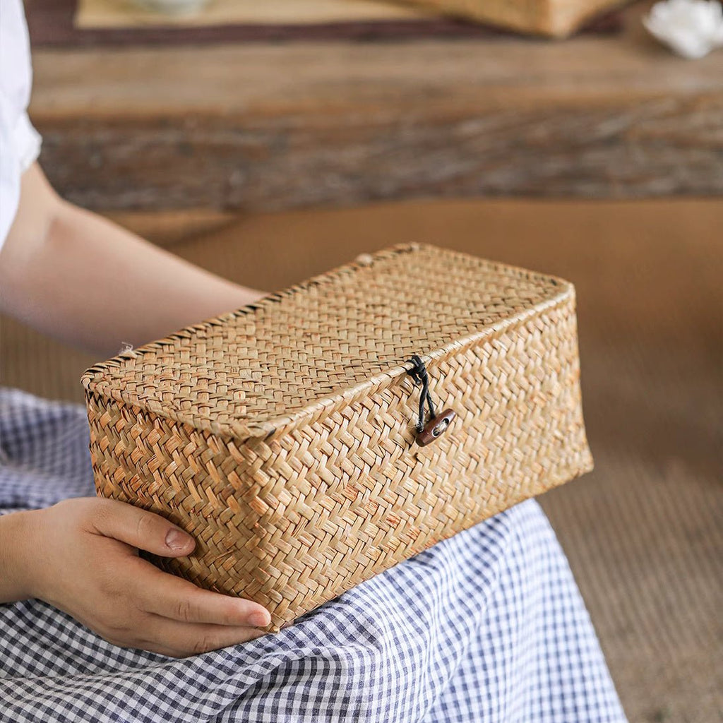 Rectangular Natural Straw Storage Basket with Lid - RusticReach