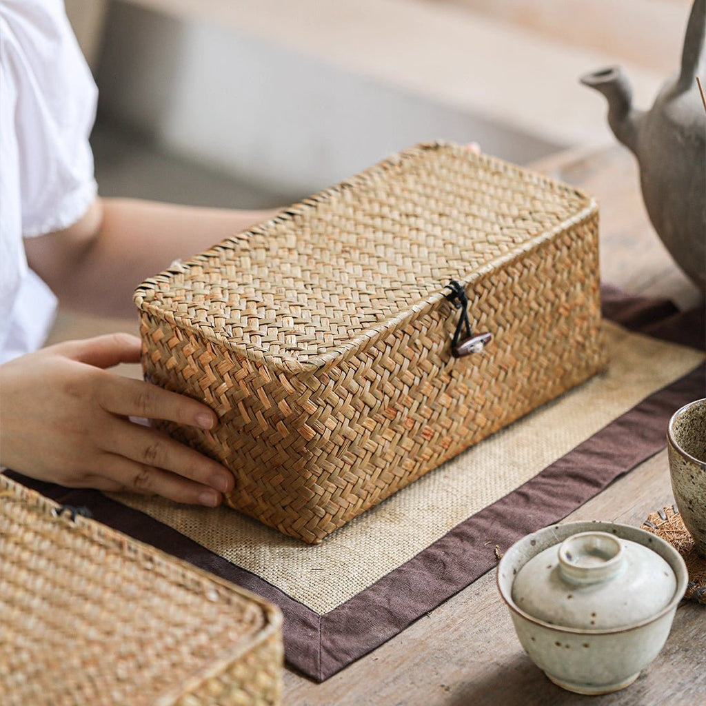 Rectangular Natural Straw Storage Basket with Lid - RusticReach