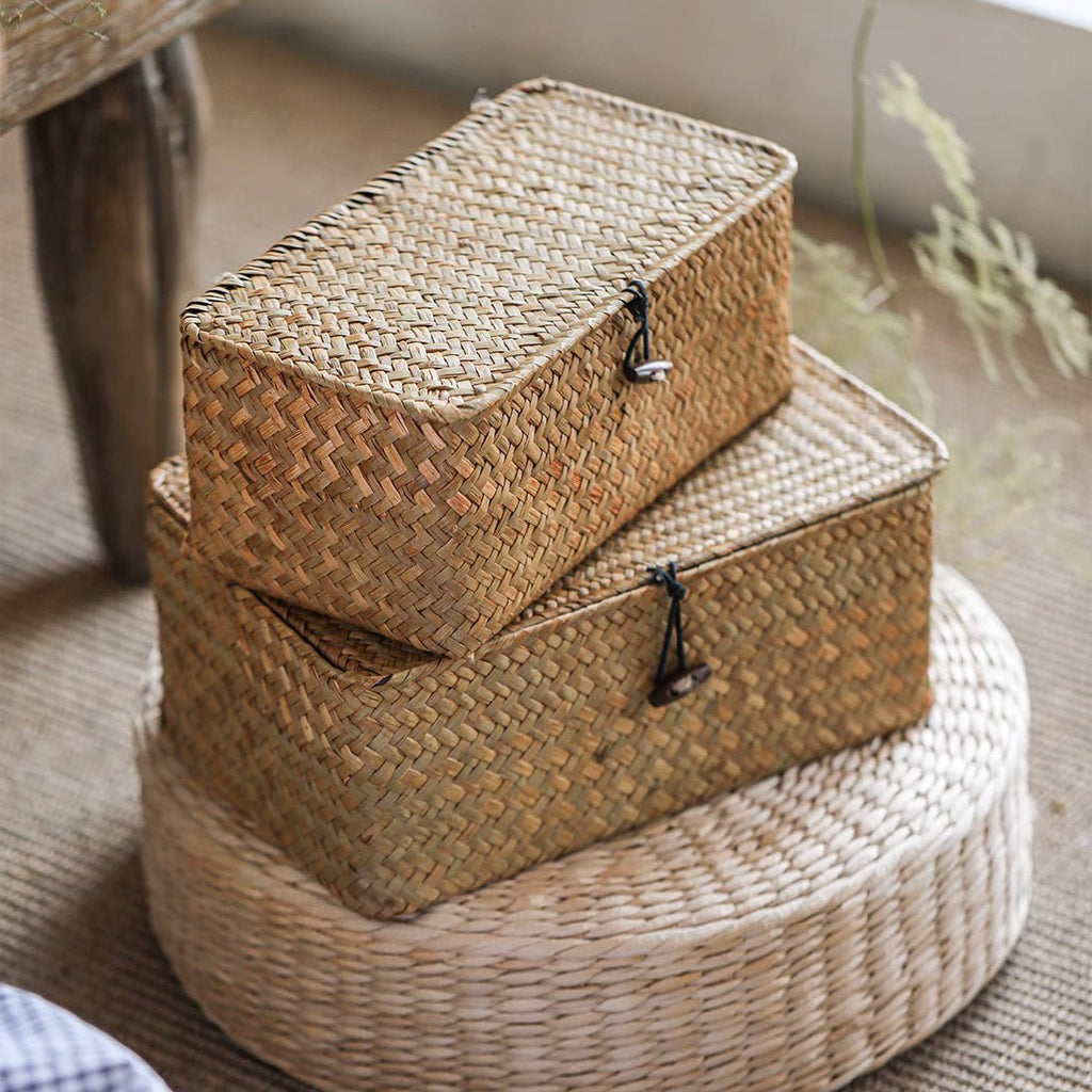 Rectangular Natural Straw Storage Basket with Lid - RusticReach