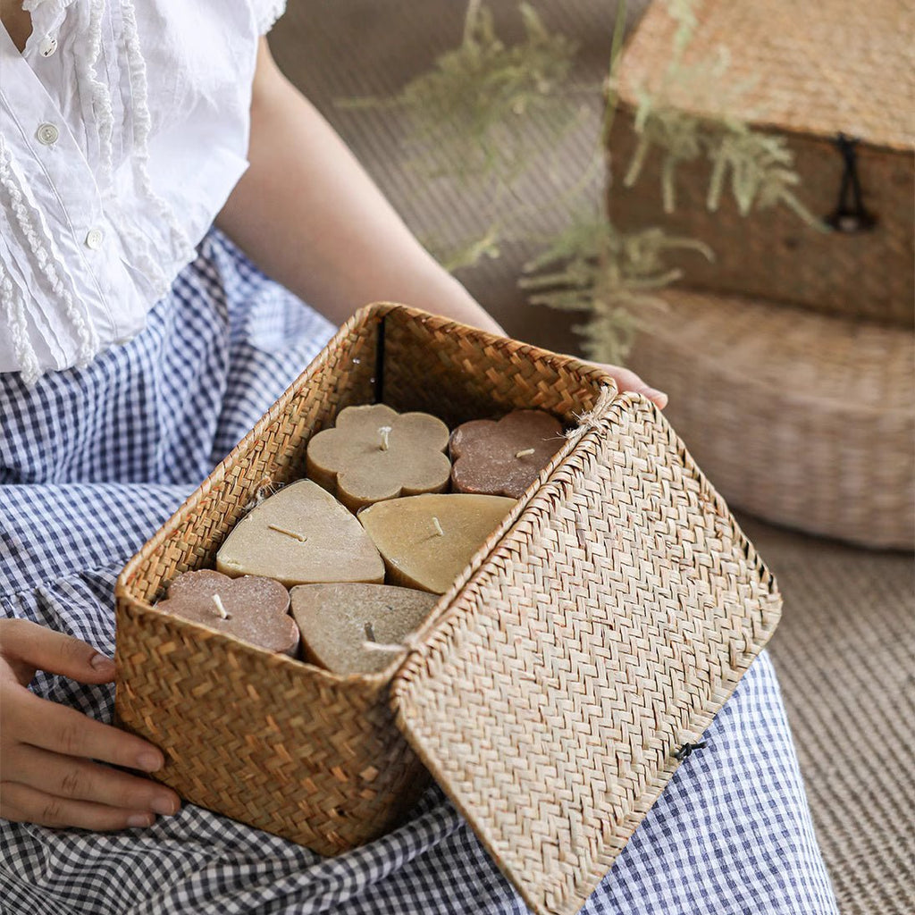 Rectangular Natural Straw Storage Basket with Lid - RusticReach