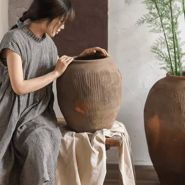 Round Earthenware Brown Pot