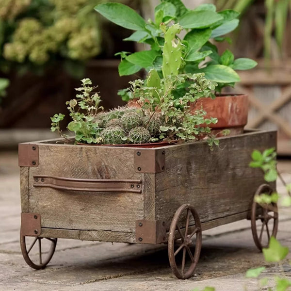 Wooden Wagon Planter Garden Flower Box - RusticReach