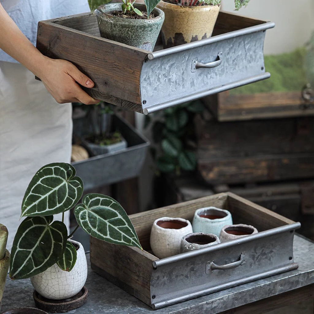 Rustic Wood and Metal Garden Tray Planter - RusticReach