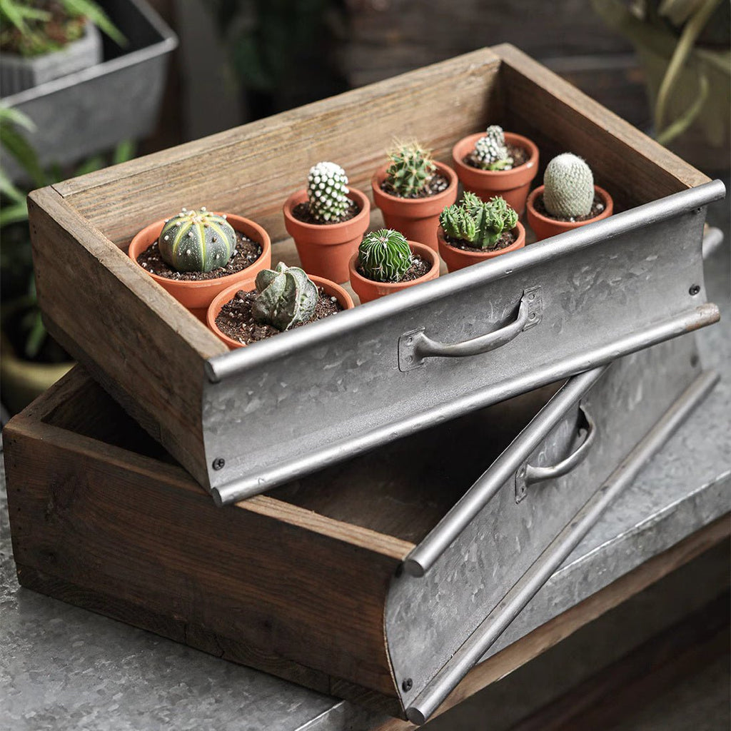 Rustic Wood and Metal Garden Tray Planter - RusticReach