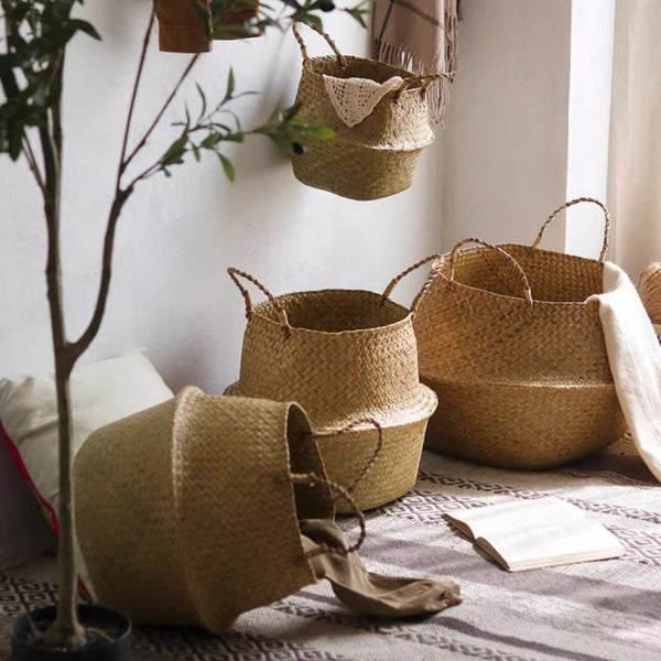 Foldable Seagrass Belly Basket with Handles - RusticReach