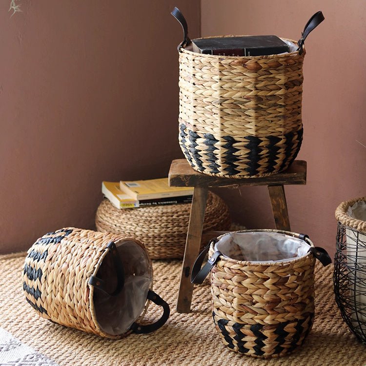 Two - Tone Basket Planter with Leather Handles - RusticReach