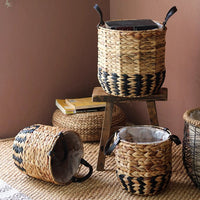 Two - Tone Basket Planter with Leather Handles - RusticReach