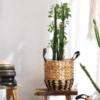 Two - Tone Basket Planter with Leather Handles - RusticReach