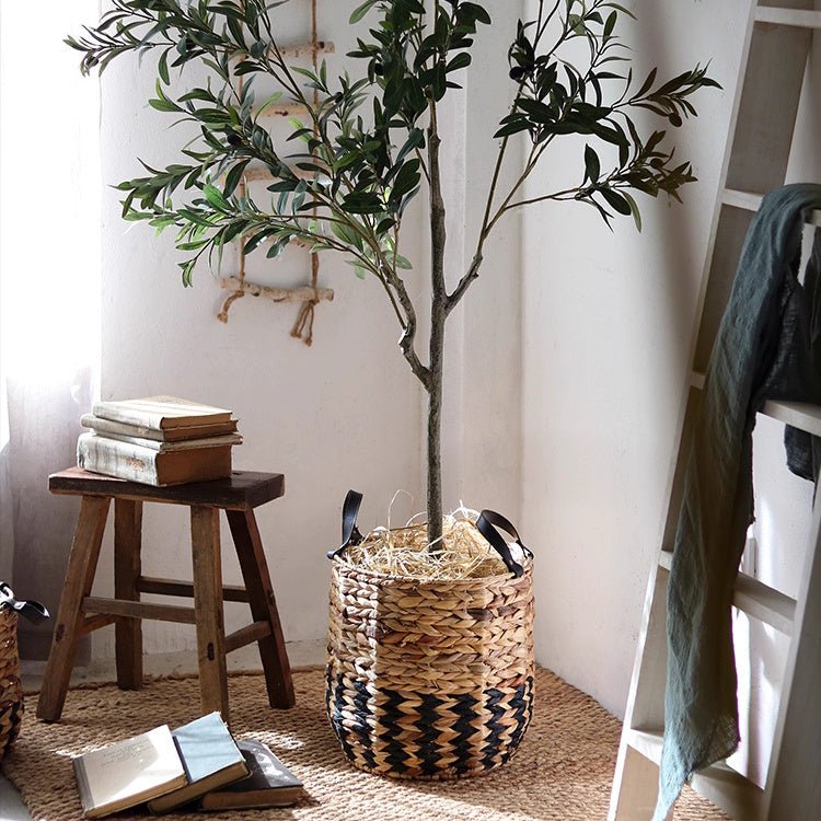 Two - Tone Basket Planter with Leather Handles - RusticReach
