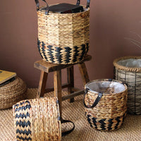 Two - Tone Basket Planter with Leather Handles - RusticReach