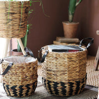 Two - Tone Basket Planter with Leather Handles - RusticReach