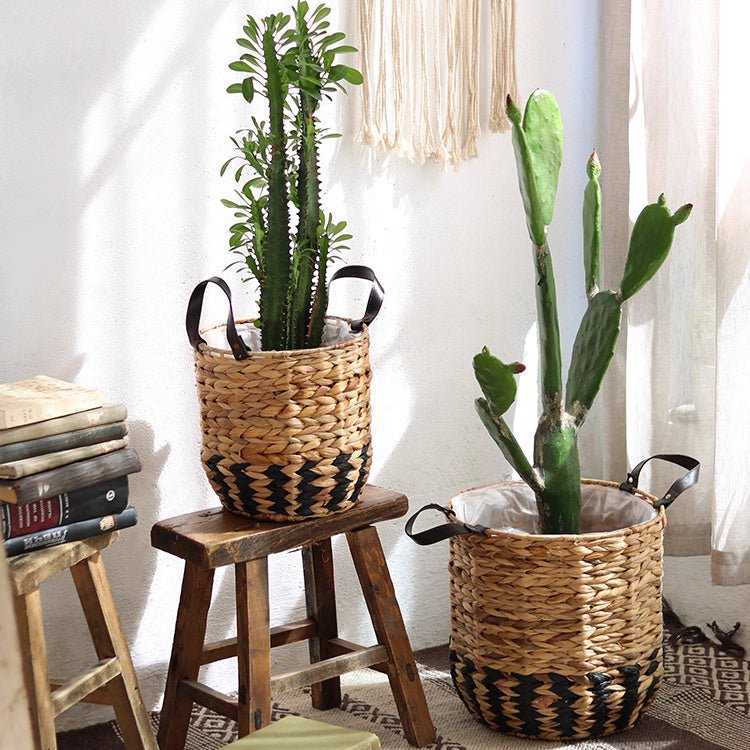 Two - Tone Basket Planter with Leather Handles - RusticReach
