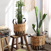 Two - Tone Basket Planter with Leather Handles - RusticReach