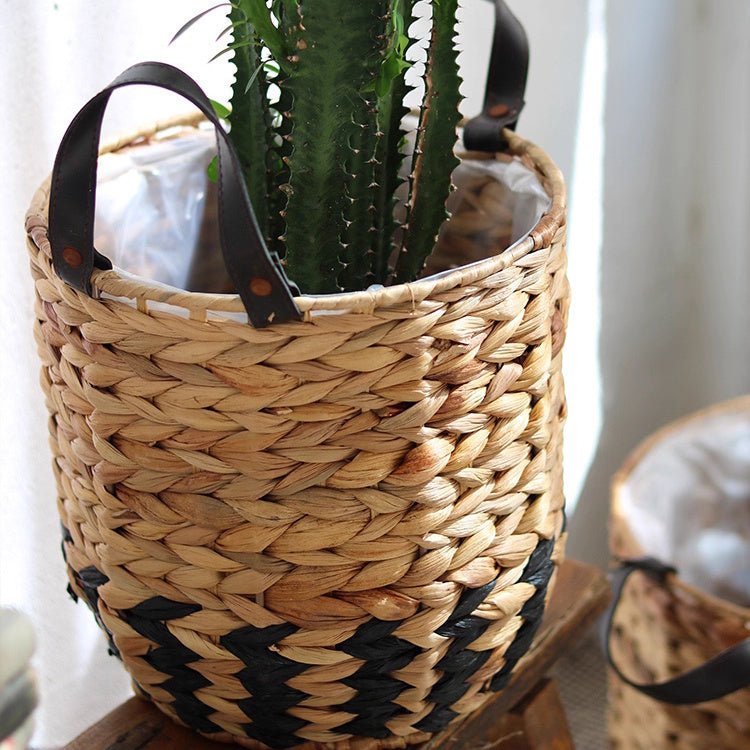 Two - Tone Basket Planter with Leather Handles - RusticReach