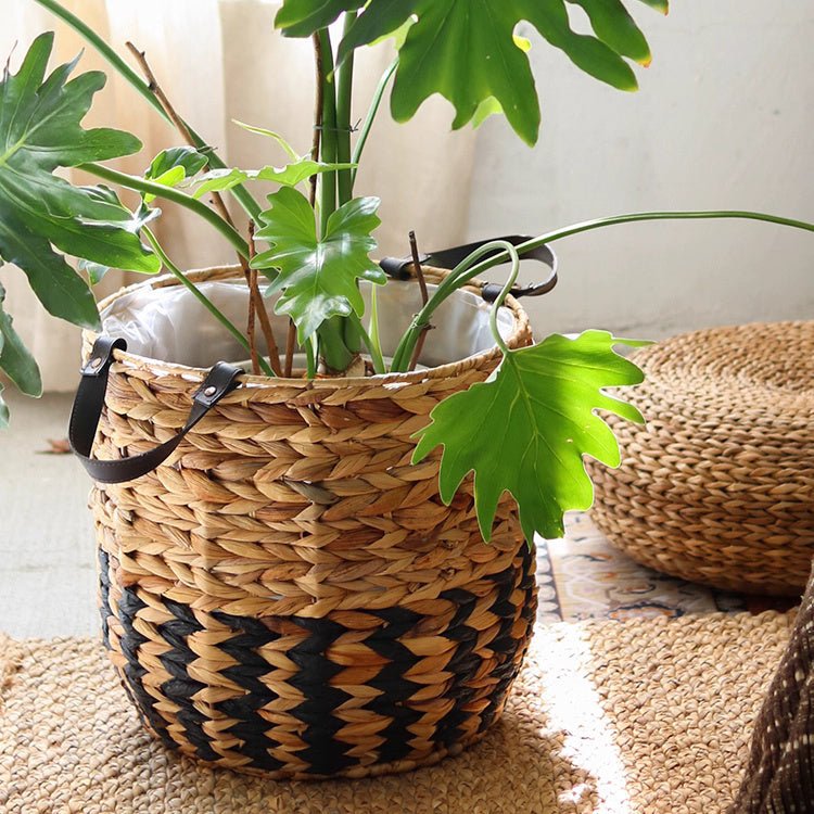 Two - Tone Basket Planter with Leather Handles - RusticReach