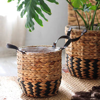Two - Tone Basket Planter with Leather Handles - RusticReach