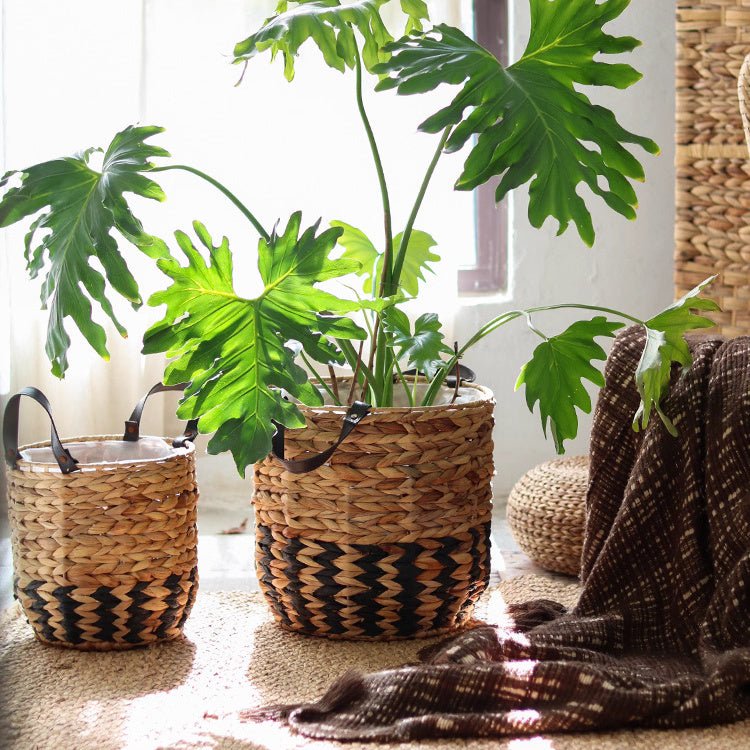 Two - Tone Basket Planter with Leather Handles - RusticReach