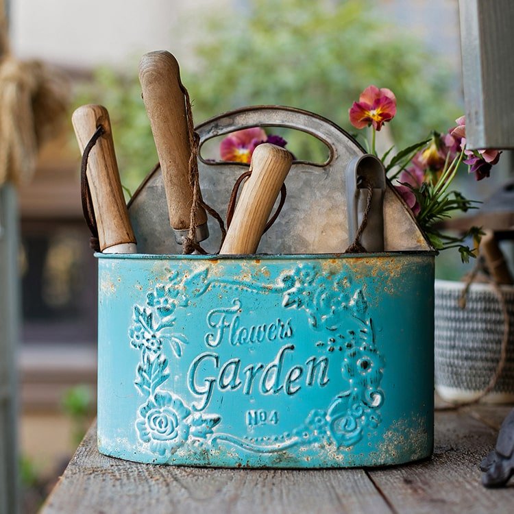Blue Metal Basket Tool Organizer Flower Garden - RusticReach