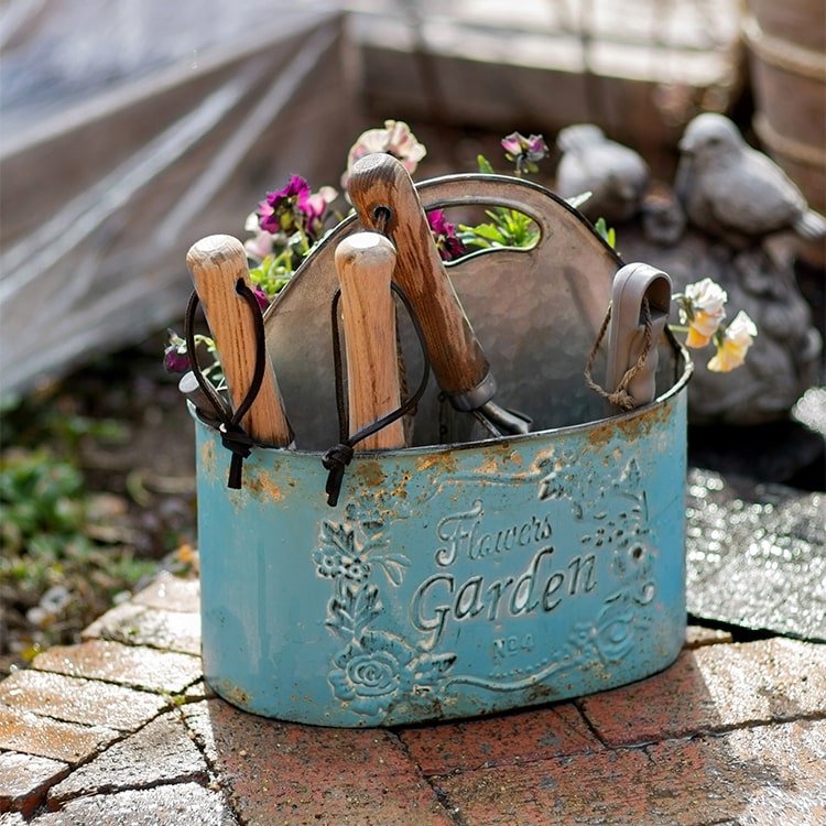 Blue Metal Basket Tool Organizer Flower Garden - RusticReach