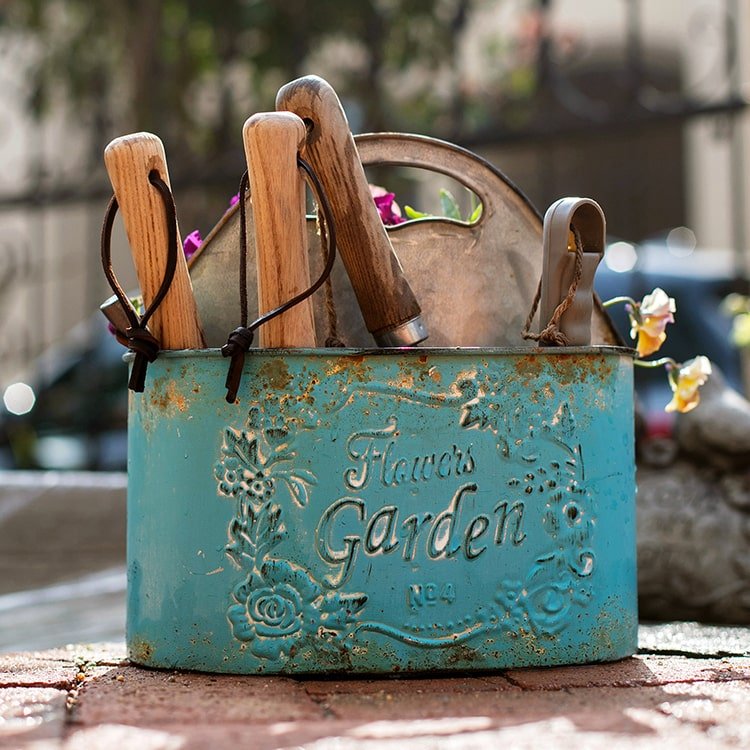 Blue Metal Basket Tool Organizer Flower Garden - RusticReach