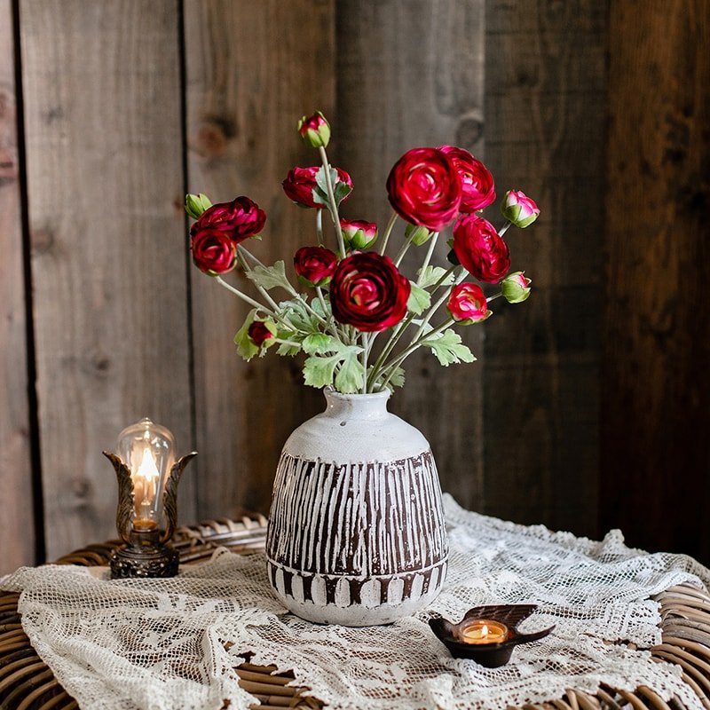Faux Silk Artificial Buttercup Flower Bundle in Red Burgundy 21" Tall - RusticReach