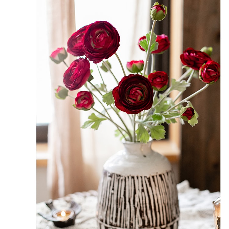 Faux Silk Artificial Buttercup Flower Bundle in Red Burgundy 21" Tall